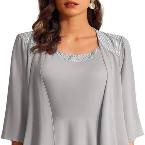 NWT Grace Karin Sequin Detail Layered Chiffon Jacket Dress Set Silver Gray 12 - Picture 2 of 16